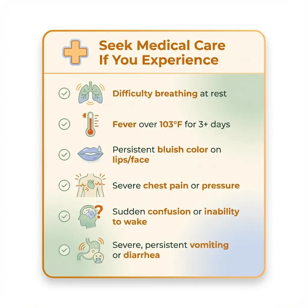 Medical warning checklist showing six red flag symptoms requiring immediate medical attention during respiratory infection