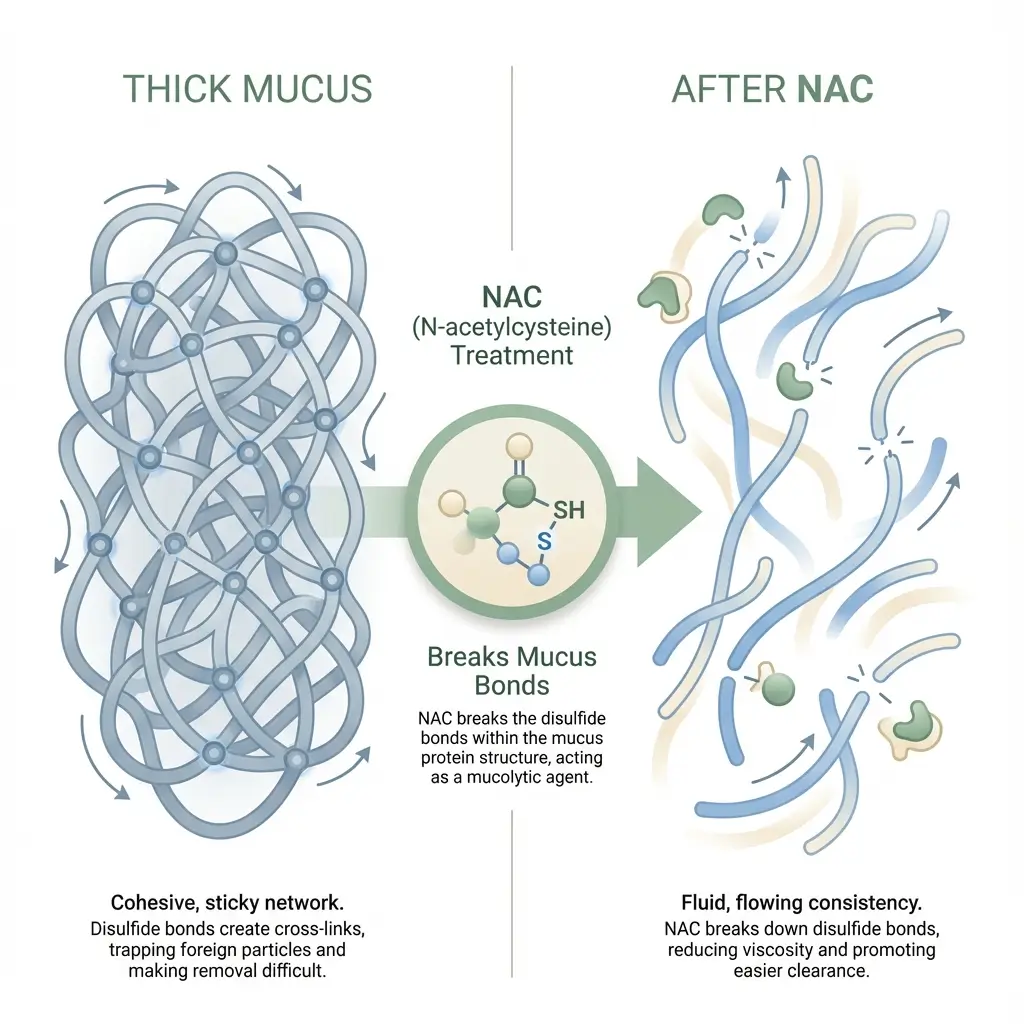 Illustration showing how NAC breaks sulfur bonds in thick mucus to thin secretions and improve clearance.