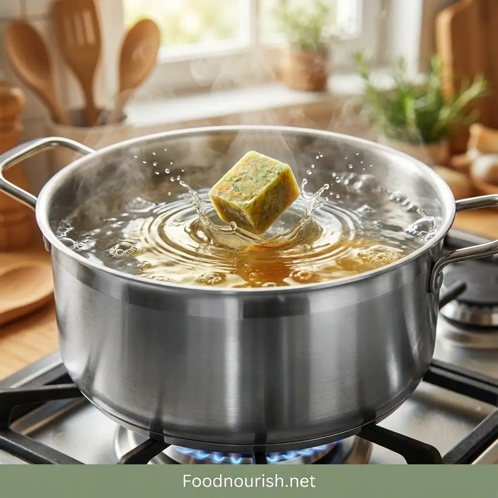 A homemade bouillon cube dissolving into a pot of boiling water.
