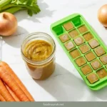 A jar of homemade vegetable paste and frozen bouillon cubes surrounded by fresh vegetables