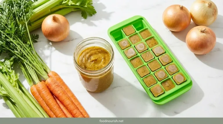 A jar of homemade vegetable paste and frozen bouillon cubes surrounded by fresh vegetables