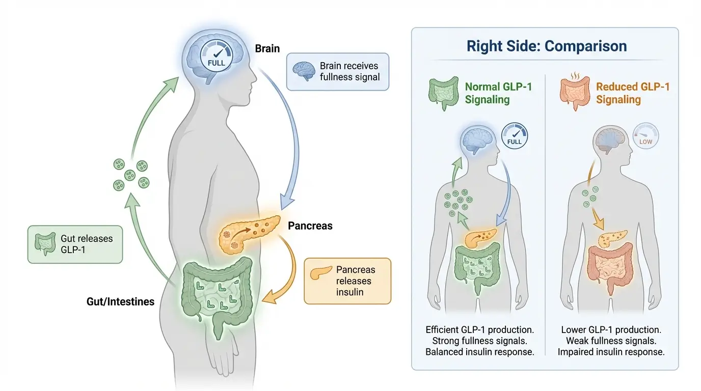 Infographic showing GLP-1 hormone pathway from gut to brain to pancreas, comparing natural GLP-1 duration of 2-3 minutes versus semaglutide duration of 7 days