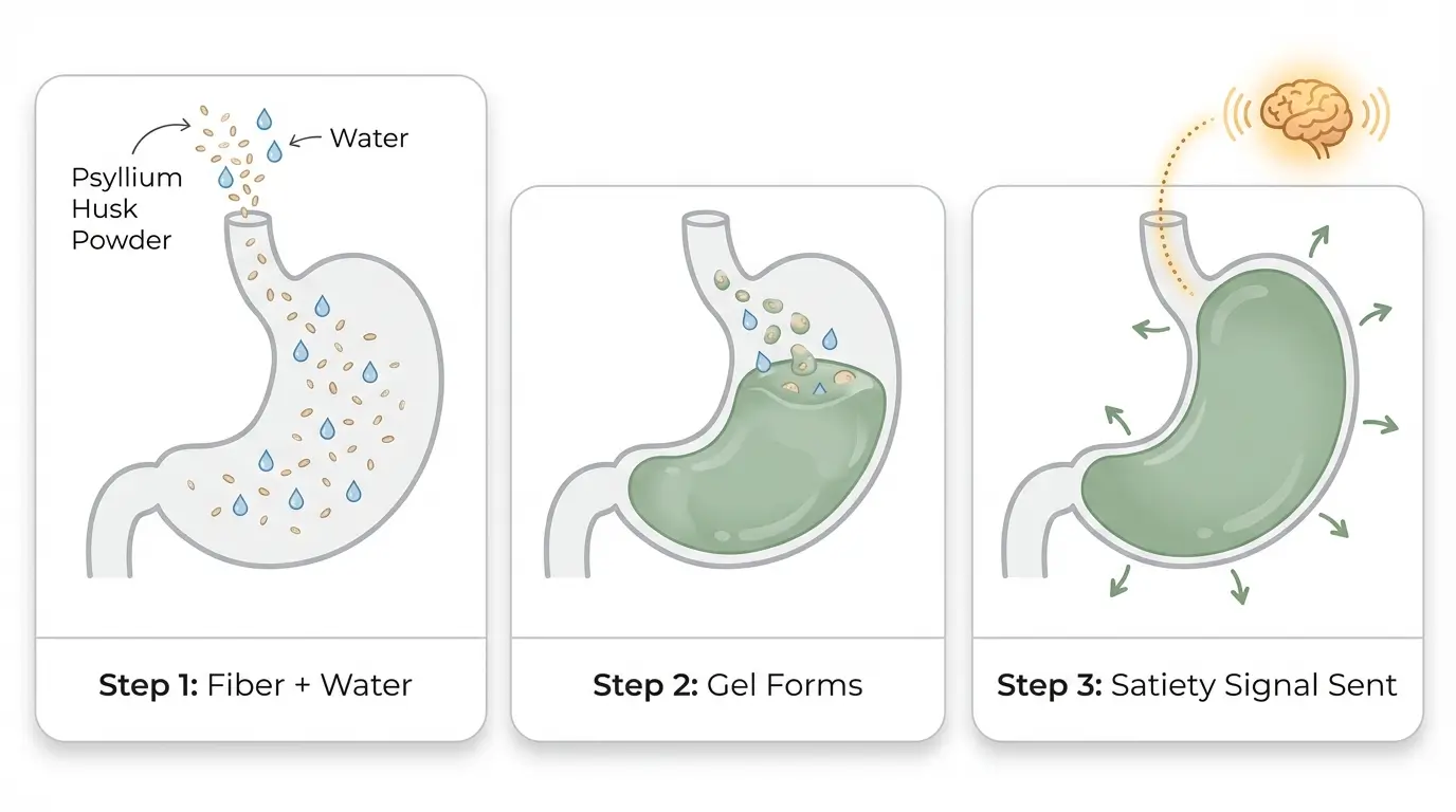 Three-panel illustration showing psyllium husk fiber absorbing water in stomach, forming viscous gel, and triggering mechanical satiety signal to brain