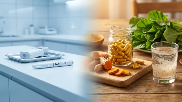 Split image comparing pharmaceutical GLP-1 injection pen on clinical white background with natural alternatives including berberine capsules, turmeric, leafy greens, and psyllium fiber on warm wooden surface