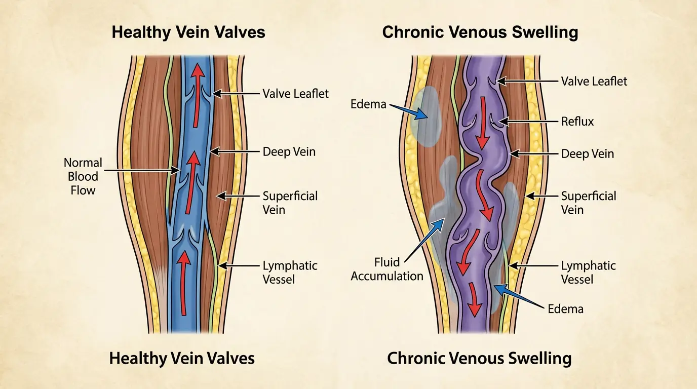 Detailed cross-section medical illustration showing chronic leg vein damage
