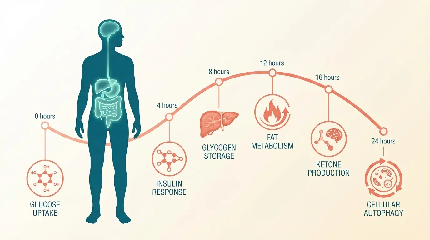Human body silhouette showing the hour-by-hour metabolic changes during intermittent fasting, with timeline markers at hours 0, 4, 8, 12, 16, and 24 highlighting different fasting phases