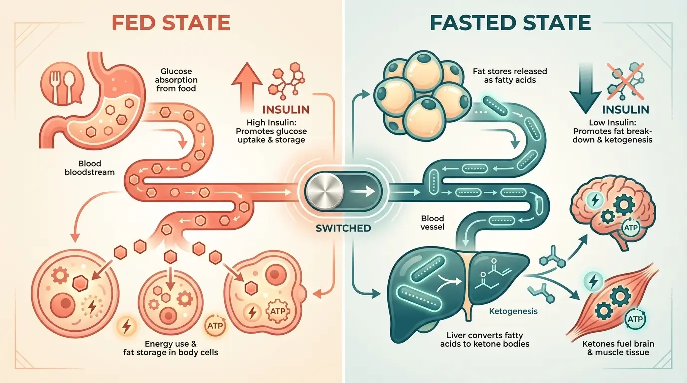 Diagram comparing glucose metabolism in fed state versus fat and ketone metabolism in fasted state, showing how the body switches fuel sources during intermittent fasting
