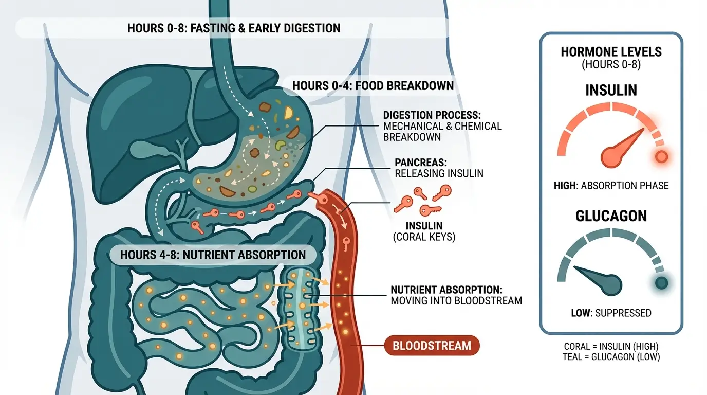 Cross-section illustration of digestive system during fasting hours 0 to 8, showing food digestion, nutrient absorption, and elevated insulin levels from the pancreas