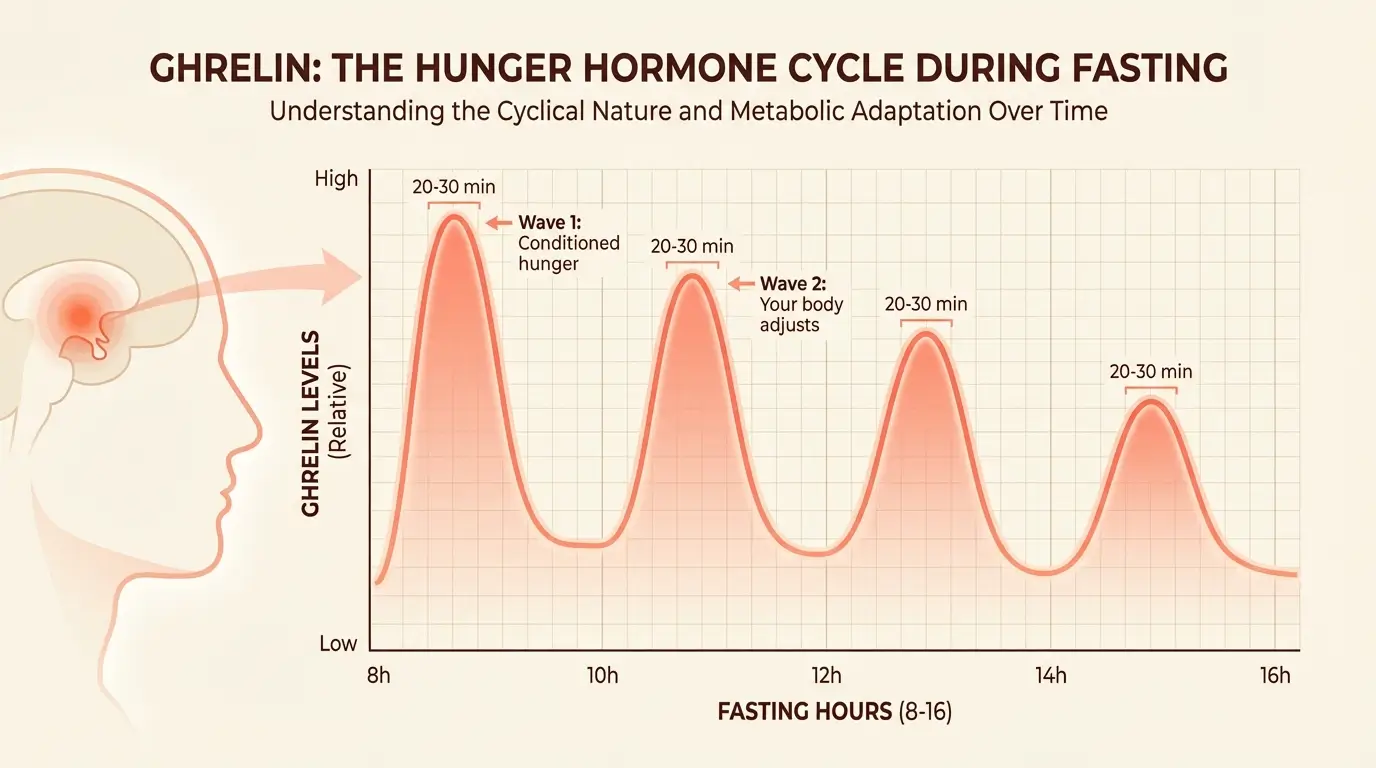 Graph showing ghrelin hunger hormone levels during fasting, displaying wave patterns that peak for 20 to 30 minutes then subside, rather than continuously increasing