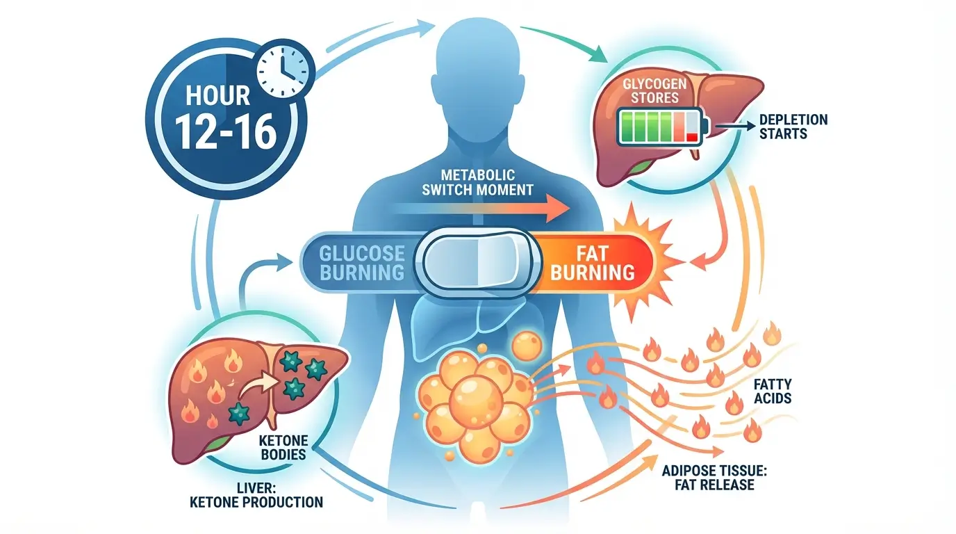 Illustration of the metabolic switch occurring at fasting hours 12 to 16, showing glycogen depletion in liver, fat cells releasing fatty acids, and ketone production beginning
