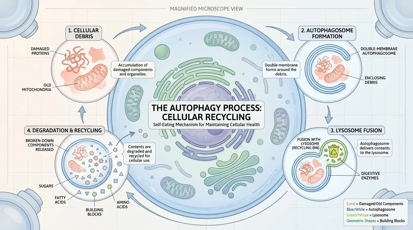 Microscopic illustration of autophagy process inside a cell during fasting hours 16 to 24, showing damaged proteins being engulfed, broken down, and recycled into new cellular building blocks