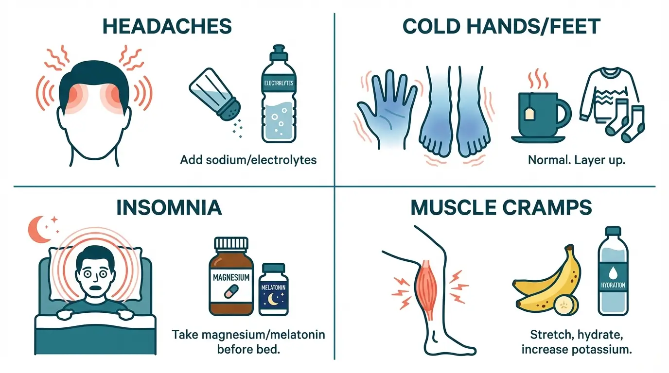Four-panel guide showing common intermittent fasting side effects and solutions: headaches solved with sodium, cold extremities are normal, insomnia helped by magnesium, and irritability resolves in 2 to 3 weeks