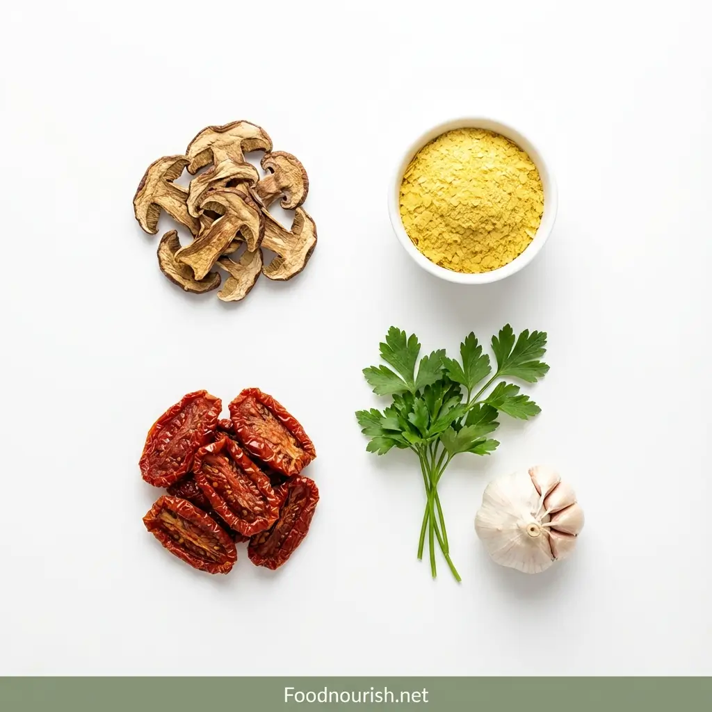 Ingredients for umami broth including dried mushrooms, nutritional yeast, and sun-dried tomatoes.