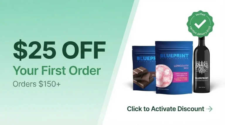 Blueprint Bryan Johnson discount code for January 2026 showing $25 off first orders of $150 or more with verified badge and Blueprint supplement products
