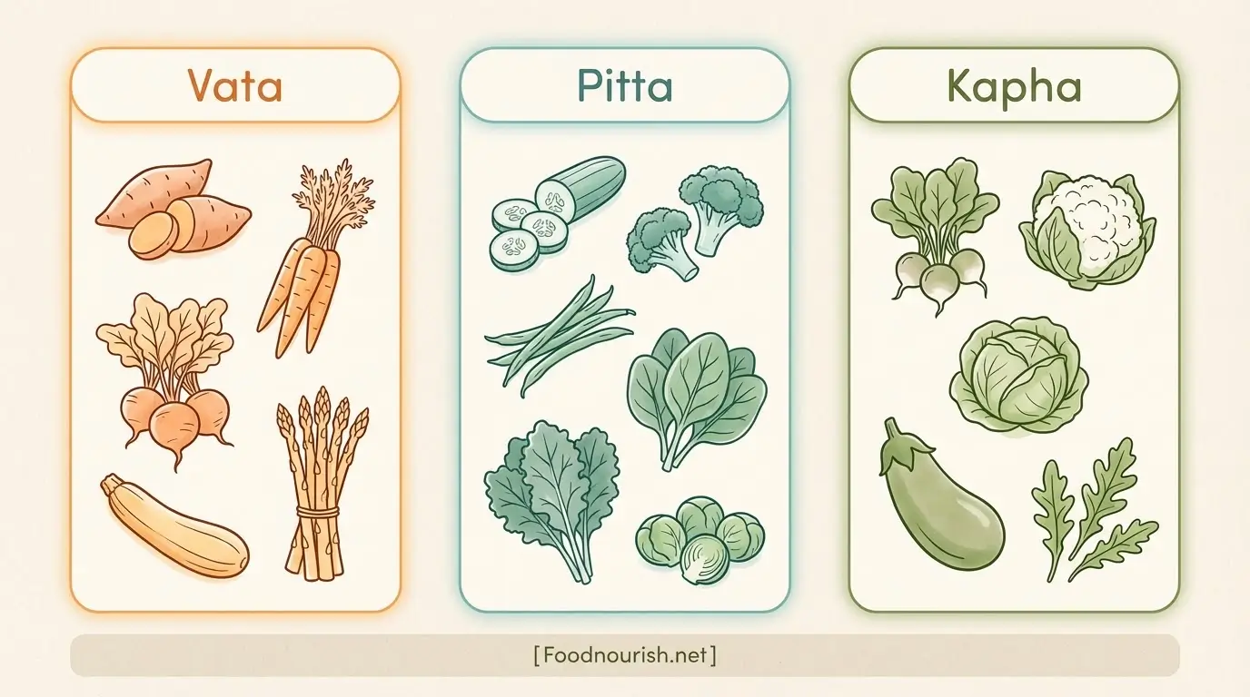 Infographic comparing the top five Ayurvedic vegetables for Vata, Pitta, and Kapha body types in three side-by-side columns.