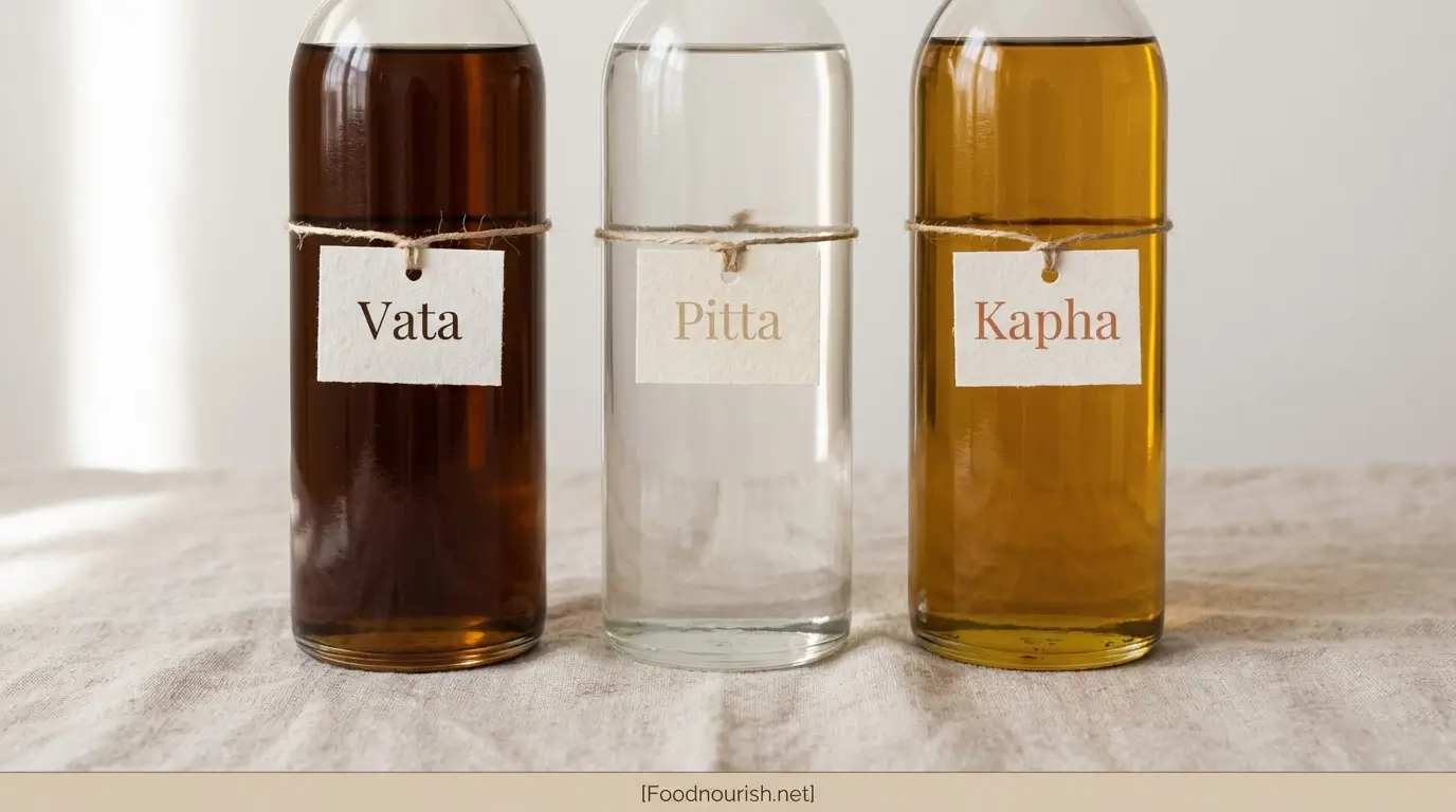 Three bottles of Ayurvedic cooking oils, sesame oil for Vata, coconut oil for Pitta, and mustard oil for Kapha, displayed side by side.
