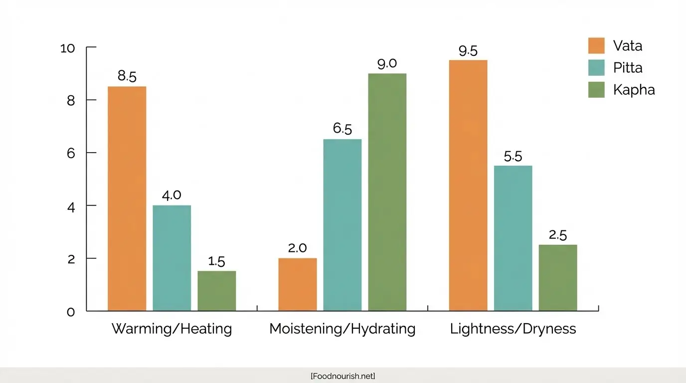 Bar chart comparing food quality preferences across Ayurvedic body types, showing Vata scores high on moisture, Pitta is moderate across traits, and Kapha scores high on lightness and heating.