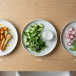 Three Ayurveda meal plates for Vata, Pitta, and Kapha body types arranged side by side showing different food choices for each dosha