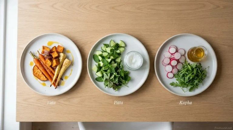 Three Ayurveda meal plates for Vata, Pitta, and Kapha body types arranged side by side showing different food choices for each dosha
