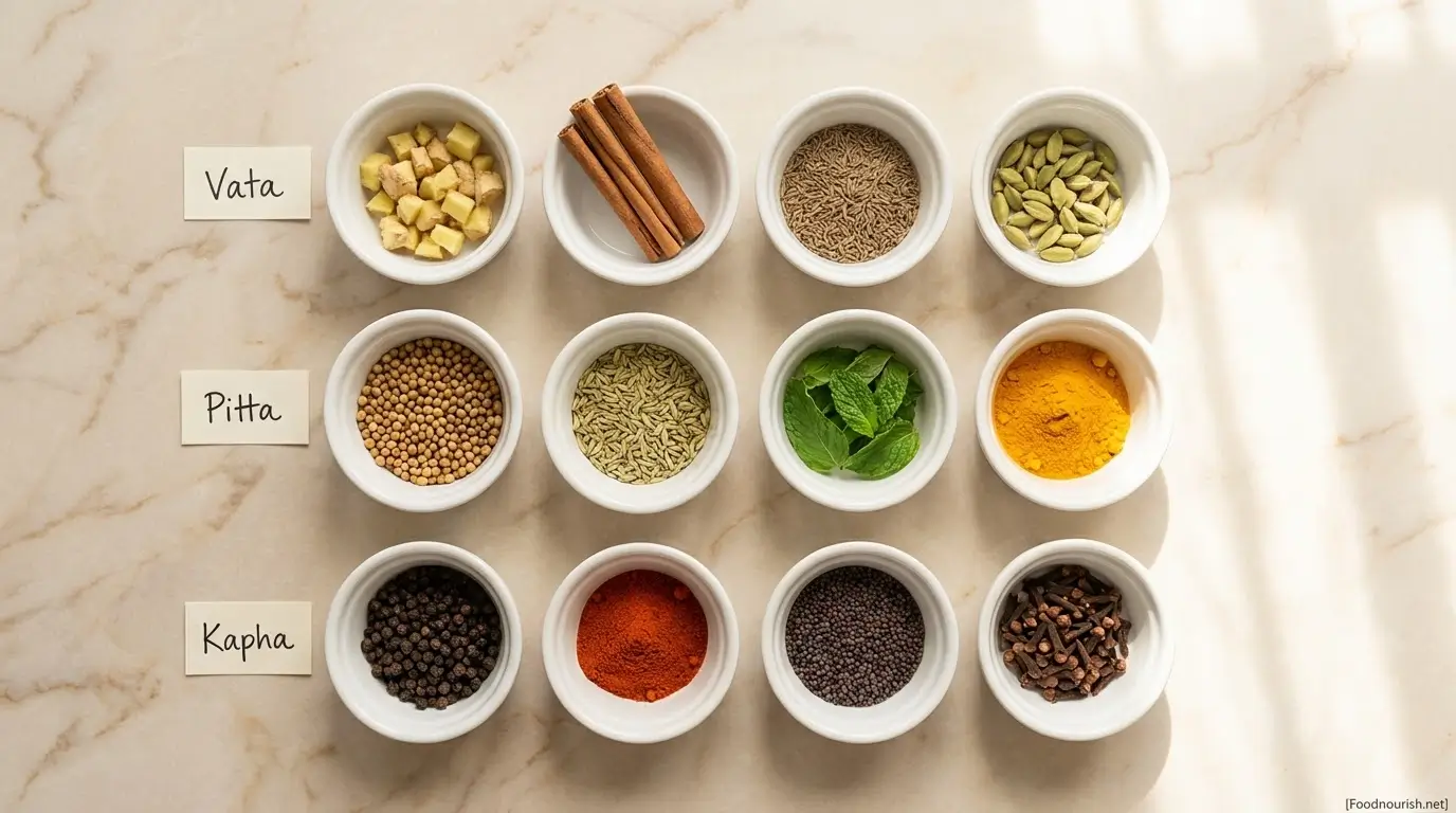 Twelve spice bowls organized by Ayurvedic body type showing four recommended spices each for Vata, Pitta, and Kapha doshas.