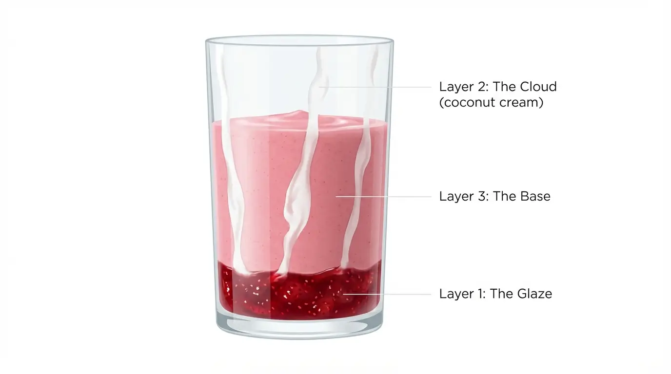 Diagram showing the three-layer structure of an Erewhon smoothie with the glaze at the bottom, coconut cream clouds on the glass walls, and thick frozen fruit base in the center