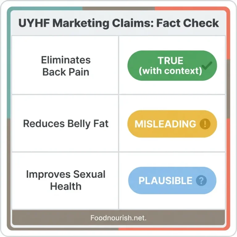 Fact-check scorecard for Unlock Your Hip Flexors marketing claims showing back pain elimination as true, belly fat reduction as misleading, and sexual health improvement as plausible