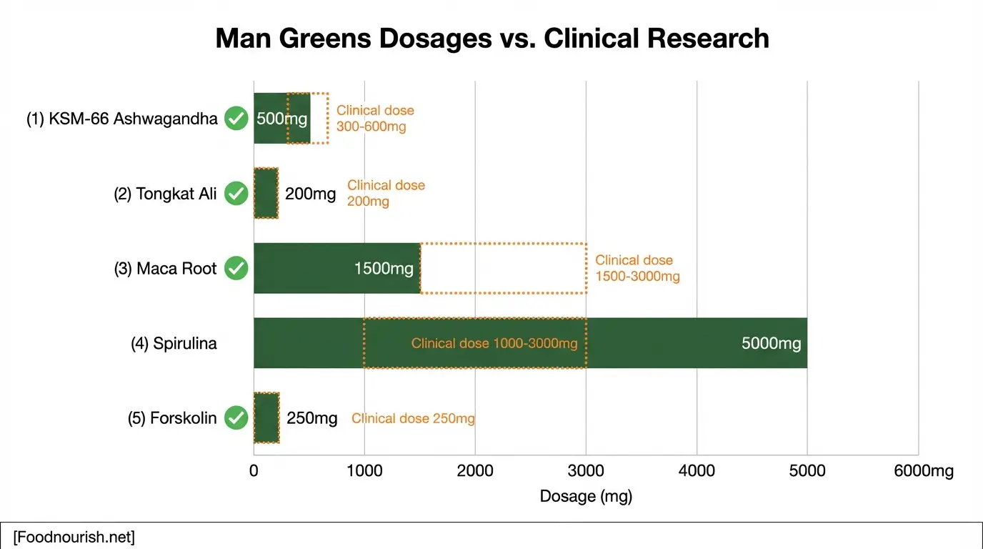 Bar chart comparing Man Greens ingredient dosages to clinical study recommended amounts