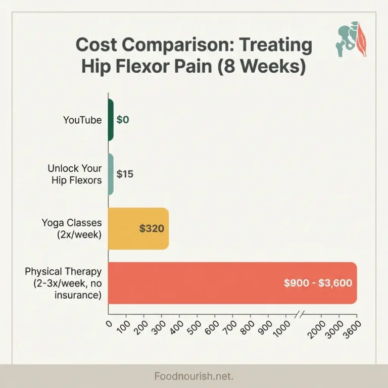 Horizontal bar chart comparing costs of treating hip flexor pain over 8 weeks: YouTube at $0, Unlock Your Hip Flexors at $15, yoga classes at $320, and physical therapy at $900 to $3,600"
Title: "Hip Flexor Treatment Cost Comparison Chart
