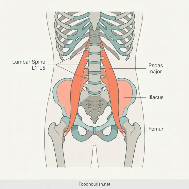 Anatomical illustration of the psoas major muscle showing its attachment from the lumbar spine L1-L5 to the femur, highlighting its position as the only muscle connecting the upper and lower body