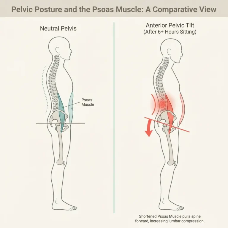 Side-by-side comparison illustration showing neutral pelvis alignment versus anterior pelvic tilt caused by prolonged sitting, with shortened psoas muscle and exaggerated lumbar lordosis