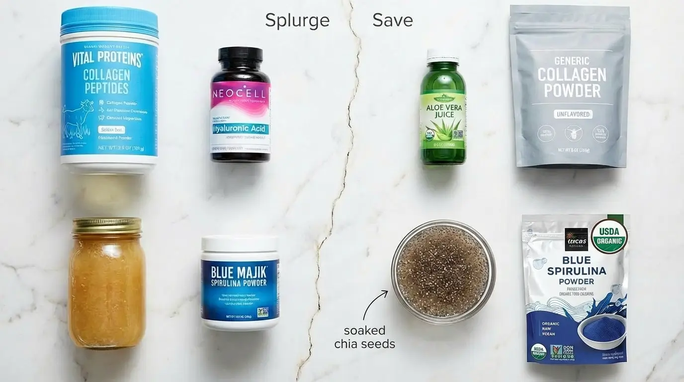 Overhead comparison of splurge versus budget ingredients for Erewhon smoothie recipes, showing Vital Proteins collagen, hyaluronic acid, sea moss gel, and Blue Majik spirulina next to their affordable substitutes