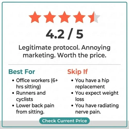 Unlock Your Hip Flexors review verdict card showing 4.2 out of 5 star rating with best-for and skip-if recommendations for office workers, runners, and back pain sufferers