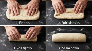 Four-panel step-by-step guide showing how to shape sourdough sandwich bread by flattening the dough, folding sides inward, rolling tightly, and placing seam side down.