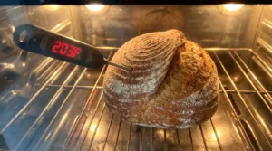 A digital thermometer inserted into the center of a baked sourdough sandwich bread loaf reading 203 degrees Fahrenheit.