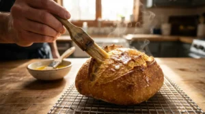 A pastry brush applying melted butter to the top crust of a freshly baked sourdough sandwich bread loaf on a cooling rack.