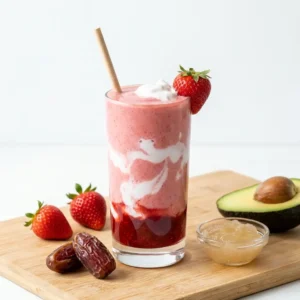 DIY Hailey Bieber Strawberry Glaze Skin Smoothie in a clear glass with coconut cream swirls, strawberry glaze at the bottom, surrounded by fresh strawberries, dates, and avocado