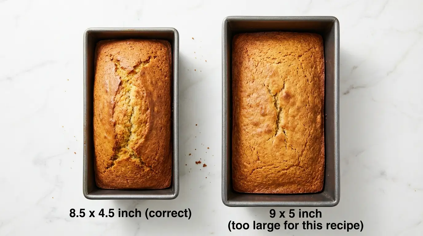 Overhead comparison of the same sourdough bread recipe baked in an 8.5 by 4.5 inch pan versus a 9 by 5 inch pan, showing the smaller pan produces a taller loaf.