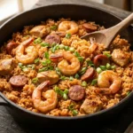 Finished Creole jambalaya in a Dutch oven with fluffy rice, andouille sausage, chicken, and shrimp topped with green onions