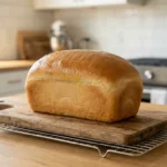 A golden-brown sourdough sandwich bread loaf with a soft, buttery crust resting on a wire cooling rack on a wooden cutting board.