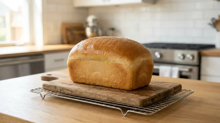 A golden-brown sourdough sandwich bread loaf with a soft, buttery crust resting on a wire cooling rack on a wooden cutting board.