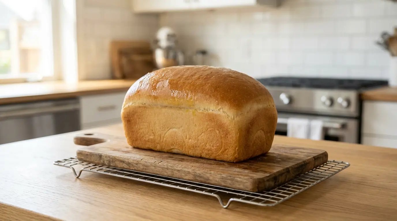 A golden-brown sourdough sandwich bread loaf with a soft, buttery crust resting on a wire cooling rack on a wooden cutting board.