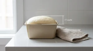 Sourdough sandwich bread dough in a loaf pan that has risen approximately 1 inch above the rim of the pan, ready to bake