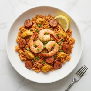 Overhead view of one serving of easy jambalaya with shrimp, andouille sausage, and chicken in a white bowl