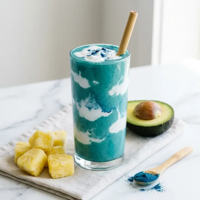 DIY Erewhon Coconut Cloud Smoothie in a clear glass with blue spirulina, white coconut cream clouds, and a coconut yogurt topping