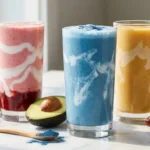 Three Erewhon smoothie dupes side by side on a marble countertop, featuring a pink Strawberry Glaze, a blue Coconut Cloud, and a golden Kinsicle smoothie in clear glasses with coconut cream swirls