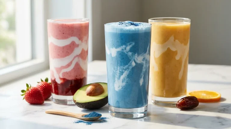 Three Erewhon smoothie dupes side by side on a marble countertop, featuring a pink Strawberry Glaze, a blue Coconut Cloud, and a golden Kinsicle smoothie in clear glasses with coconut cream swirls