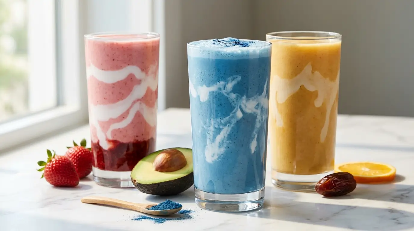 Three Erewhon smoothie dupes side by side on a marble countertop, featuring a pink Strawberry Glaze, a blue Coconut Cloud, and a golden Kinsicle smoothie in clear glasses with coconut cream swirls