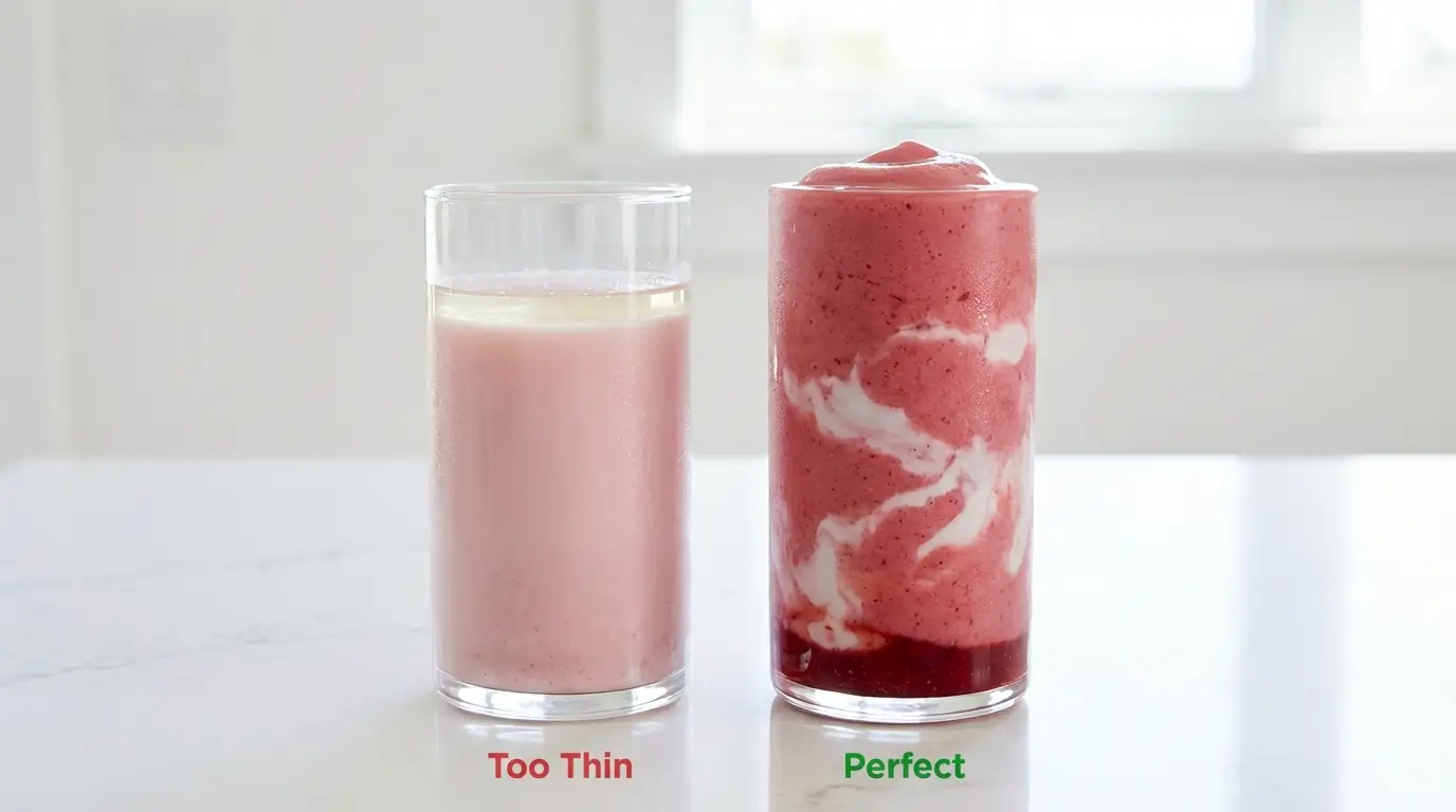 Side-by-side comparison of a too-thin watery smoothie versus a correctly thick Erewhon-style smoothie showing proper soft-serve texture and intact coconut cream swirls