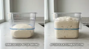 Side-by-side comparison of bread dough in a clear container before and after bulk fermentation, showing a 50 to 60 percent volume increase.