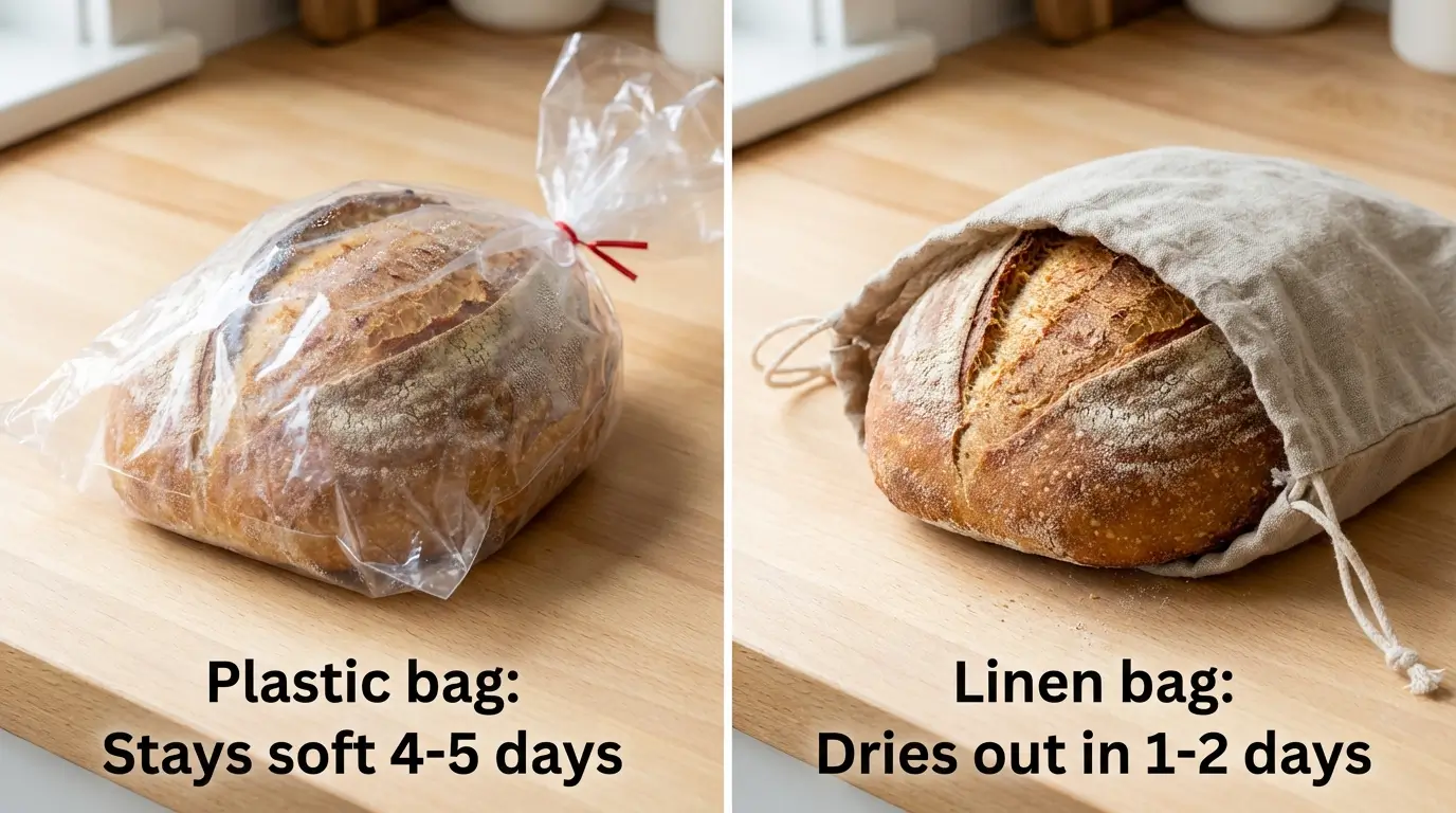 Comparison of sourdough bread stored in a plastic bag versus a linen bag, showing the plastic-stored loaf stays softer longer.